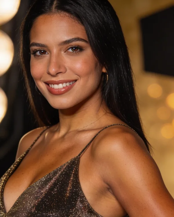 Mujer bronceada posando en una sesión de fotos profesional